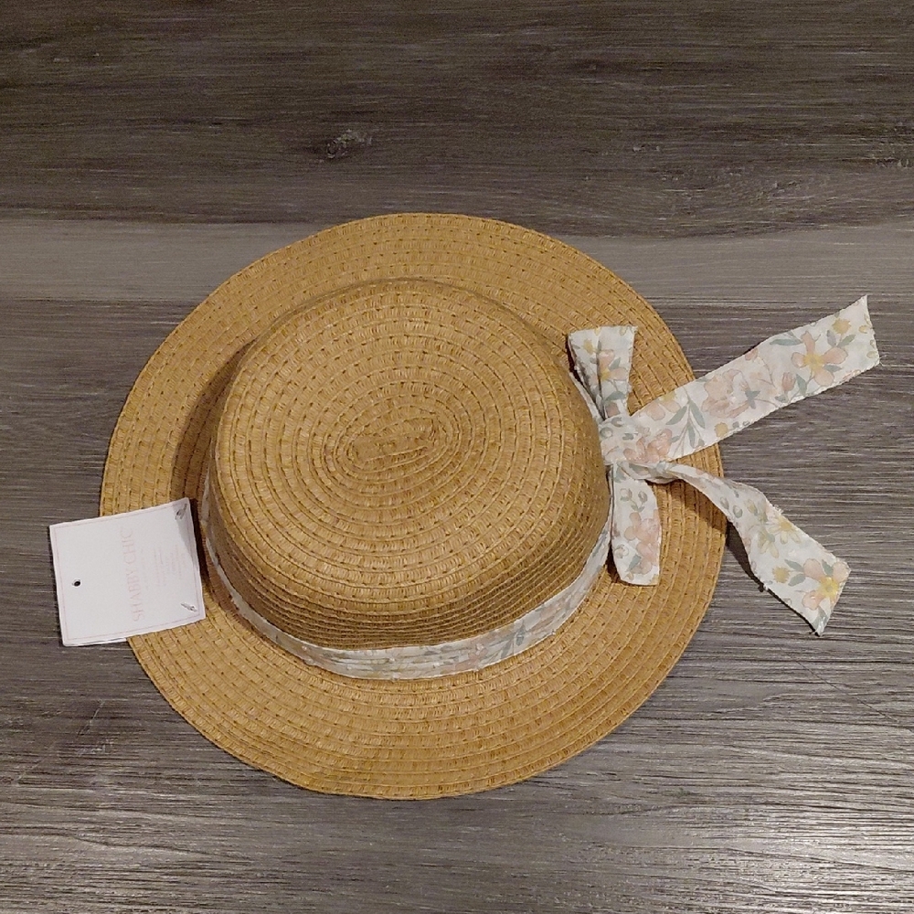 Shabby Chic Tan Straw Hat with Floral White Pink Yellow Cotton Ribbon For Girls